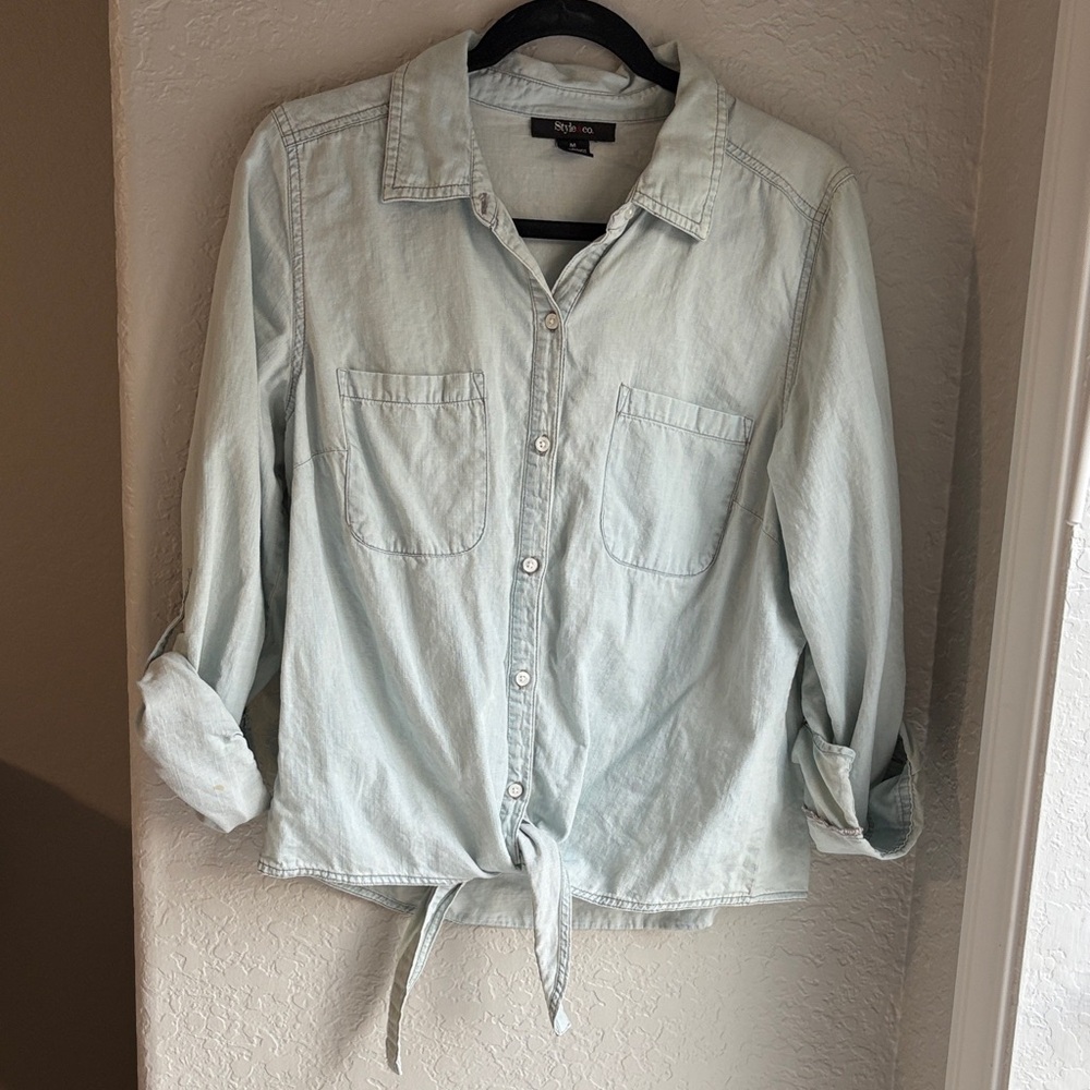 Style & Co. Cotton Chambray‎ Capsule Wardrobe Minimalist Tie Front Shirt Size M